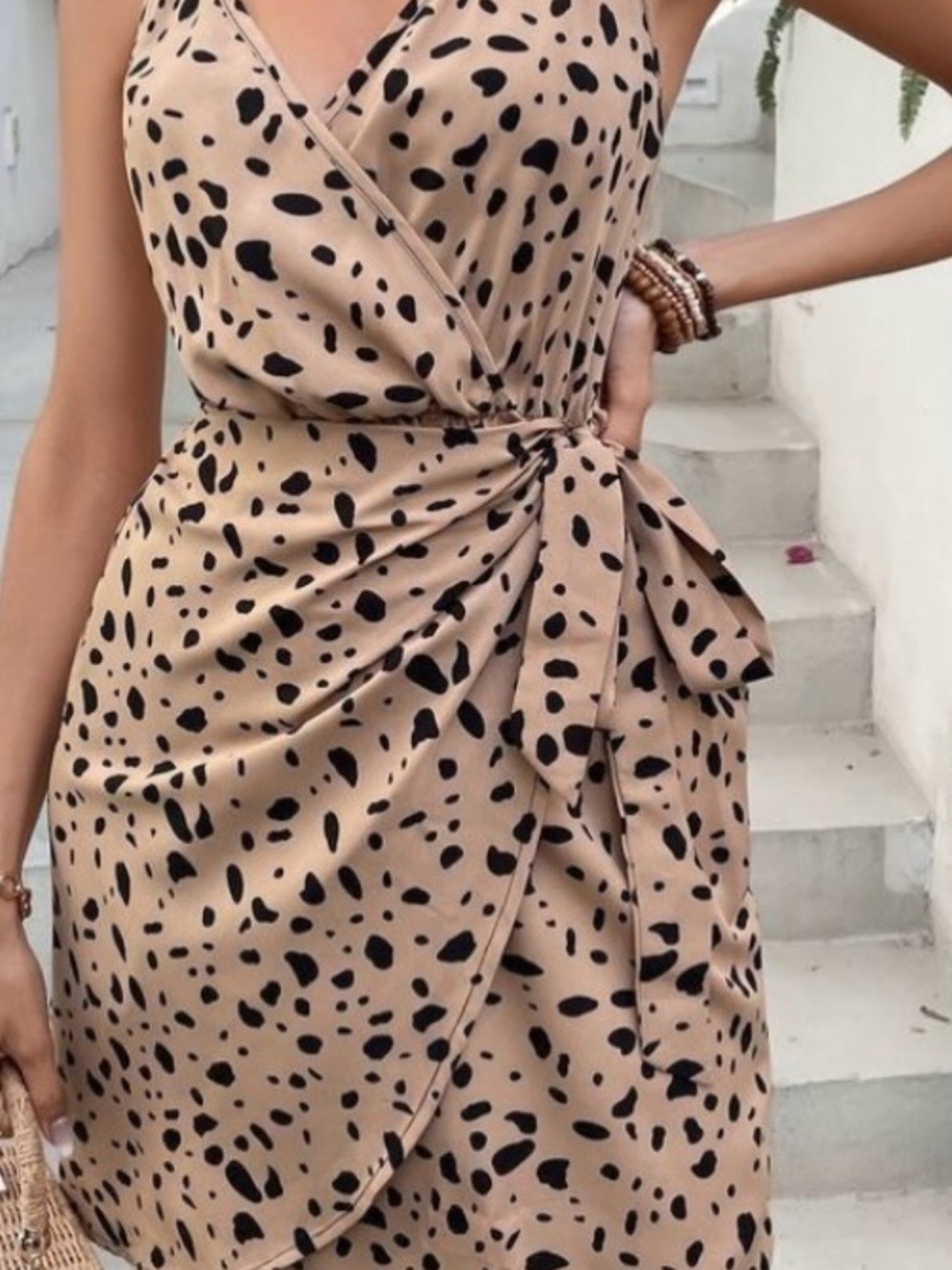SHEIN Beige Wrap Dress with Black Spot Print